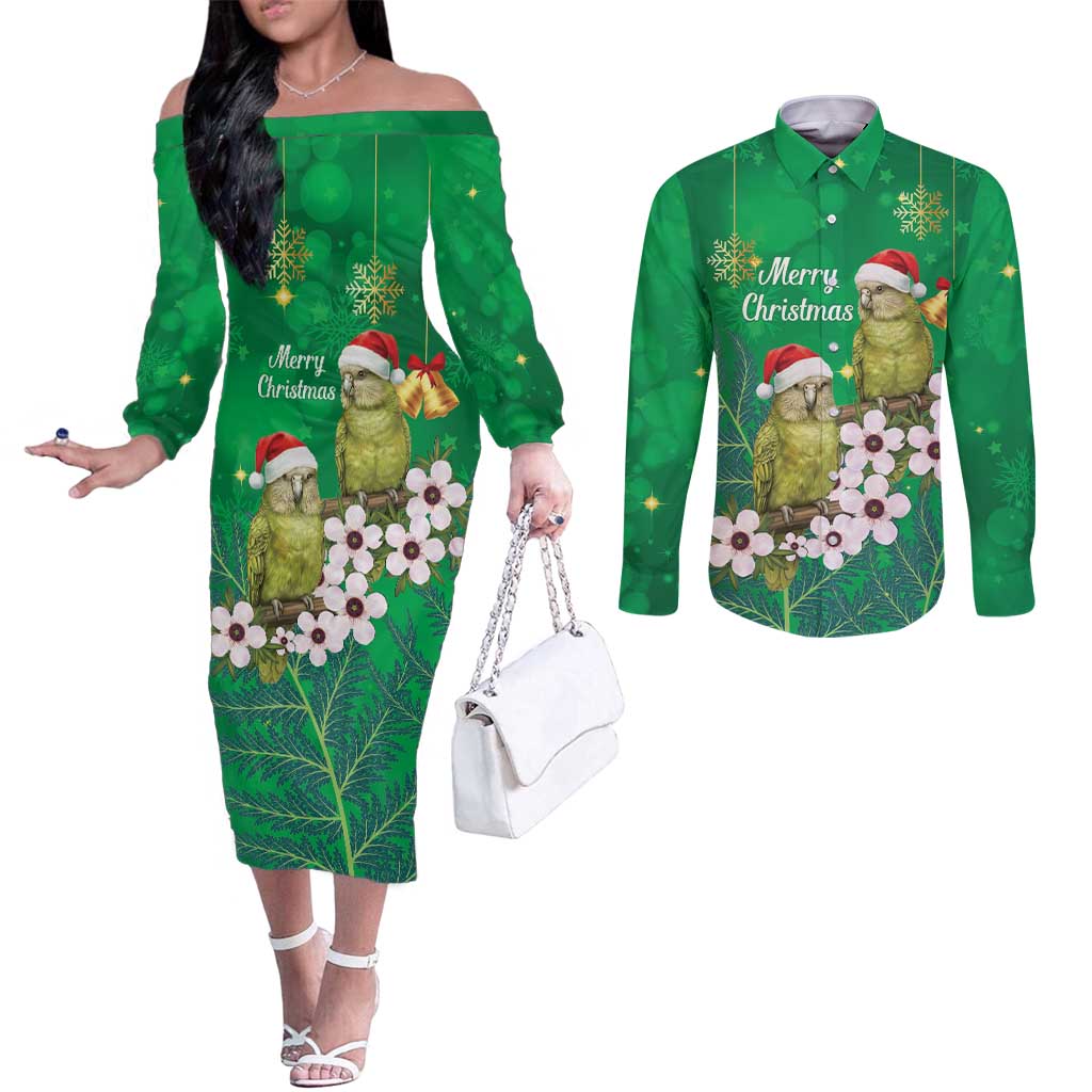New Zealand Kakapo Christmas Couples Matching Off The Shoulder Long Sleeve Dress and Long Sleeve Button Shirt Owl Parrot Santa Sliver Fern Manuka - Green - Polynesian Pride