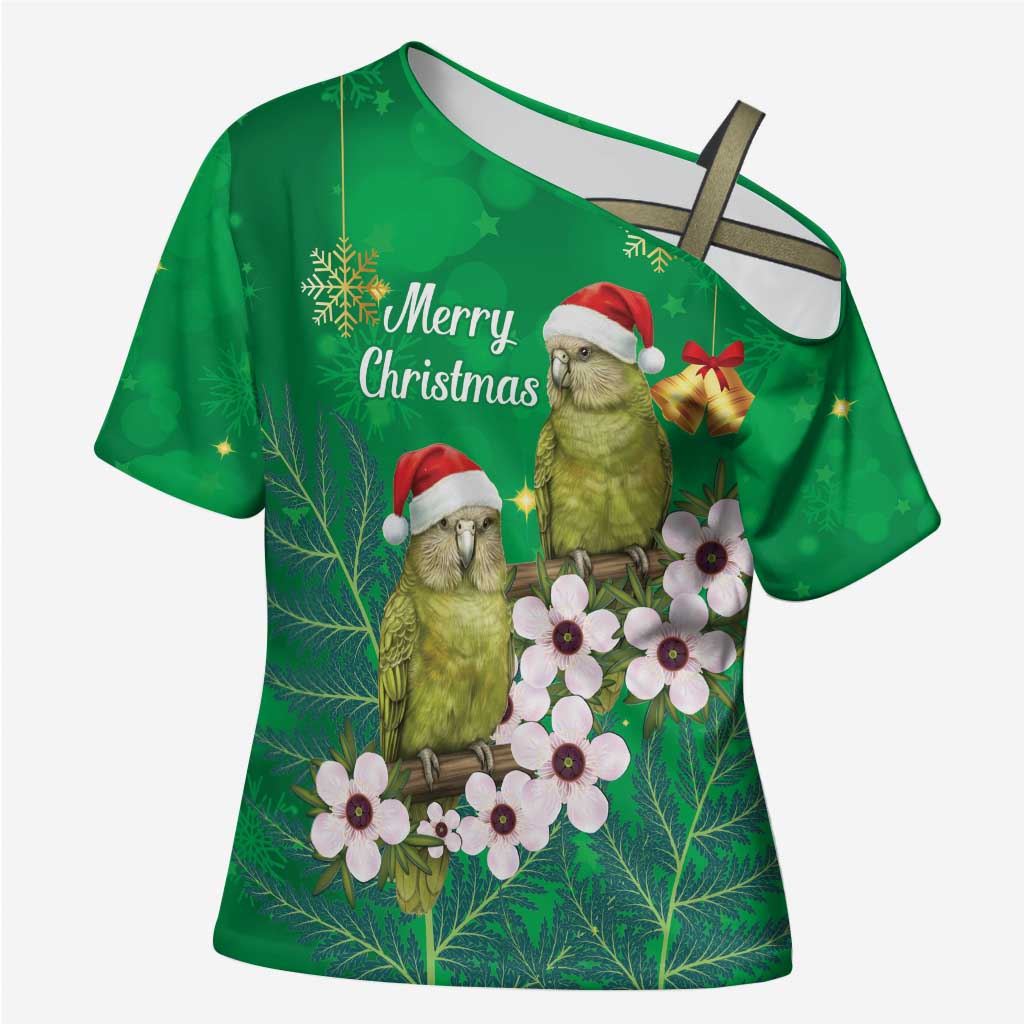 New Zealand Kakapo Christmas Cross Shoulder Shirt Owl Parrot Santa Sliver Fern Manuka - Green - Polynesian Pride