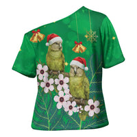 New Zealand Kakapo Christmas Cross Shoulder Shirt Owl Parrot Santa Sliver Fern Manuka - Green - Polynesian Pride