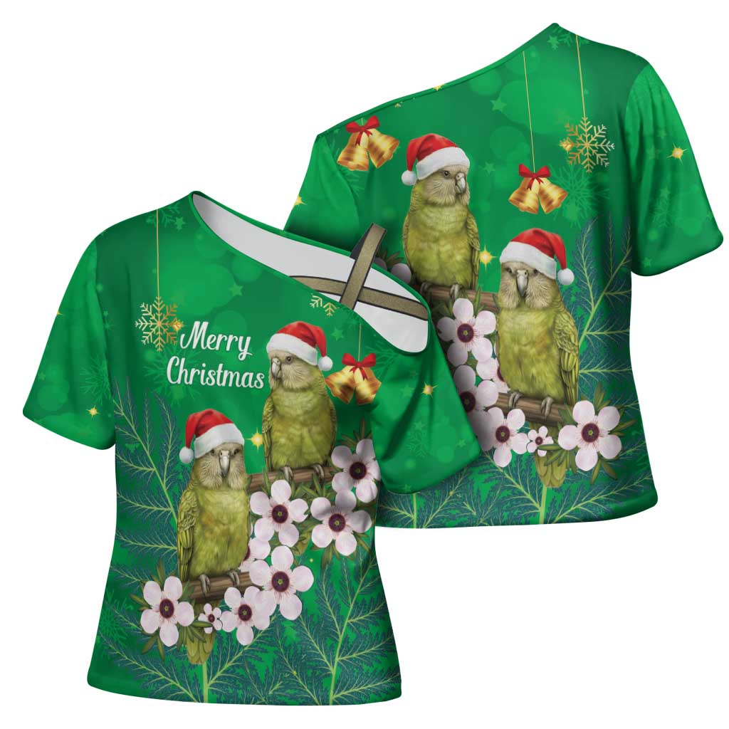 New Zealand Kakapo Christmas Cross Shoulder Shirt Owl Parrot Santa Sliver Fern Manuka - Green - Polynesian Pride