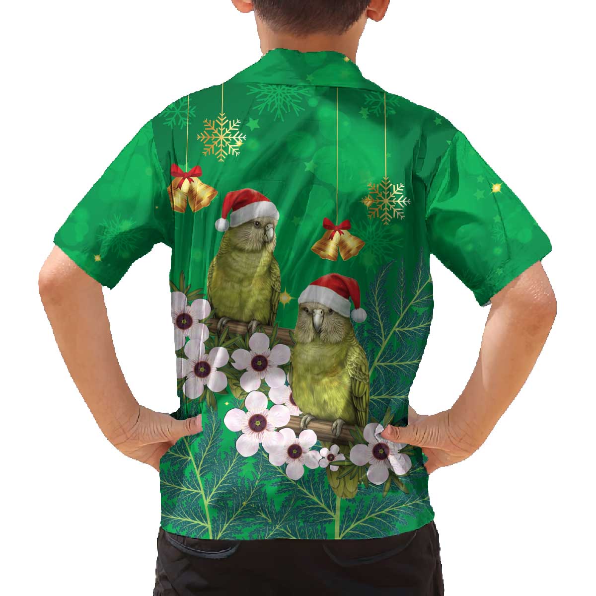 New Zealand Kakapo Christmas Family Matching Off The Shoulder Long Sleeve Dress and Hawaiian Shirt Owl Parrot Santa Sliver Fern Manuka - Green - Polynesian Pride