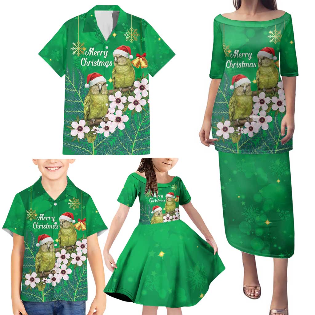 New Zealand Kakapo Christmas Family Matching Puletasi and Hawaiian Shirt Owl Parrot Santa Sliver Fern Manuka - Green - Polynesian Pride
