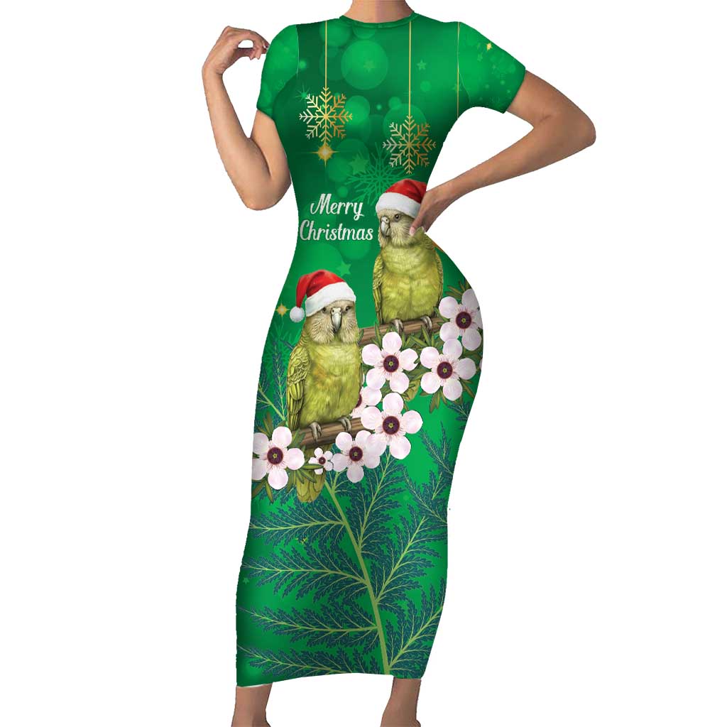 New Zealand Kakapo Christmas Family Matching Short Sleeve Bodycon Dress and Hawaiian Shirt Owl Parrot Santa Sliver Fern Manuka - Green - Polynesian Pride