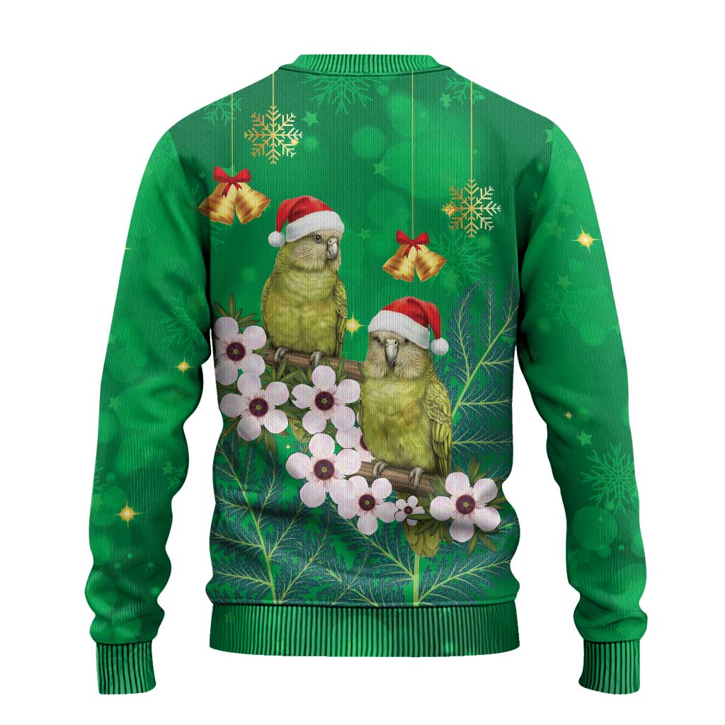 New Zealand Kakapo Christmas Ugly Christmas Sweater Owl Parrot Santa Sliver Fern Manuka - Green - Polynesian Pride