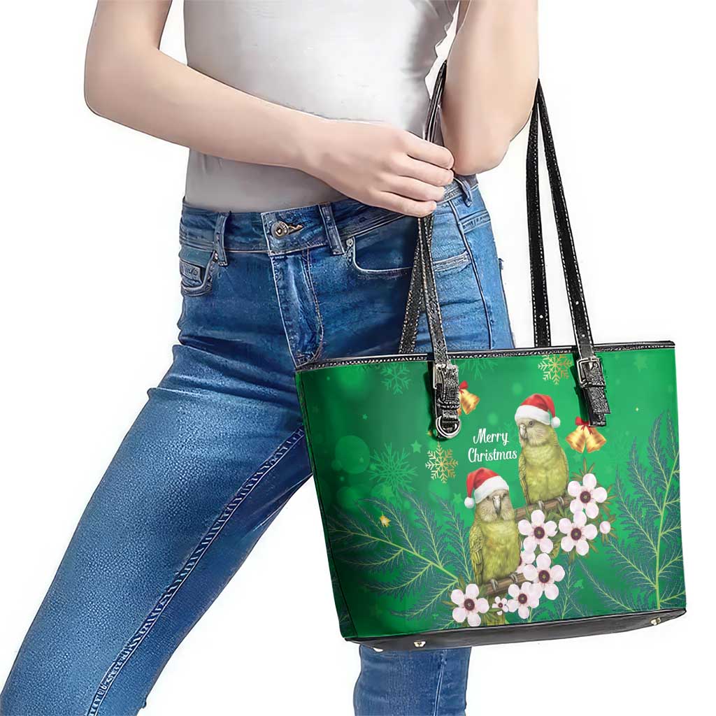 New Zealand Kakapo Christmas Leather Tote Bag Owl Parrot Santa Sliver Fern Manuka - Green - Polynesian Pride