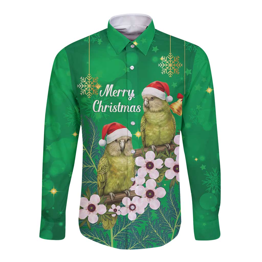 New Zealand Kakapo Christmas Long Sleeve Button Shirt Owl Parrot Santa Sliver Fern Manuka - Green - Polynesian Pride