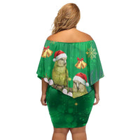New Zealand Kakapo Christmas Off Shoulder Short Dress Owl Parrot Santa Sliver Fern Manuka - Green - Polynesian Pride