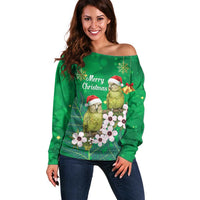 New Zealand Kakapo Christmas Off Shoulder Sweater Owl Parrot Santa Sliver Fern Manuka - Green - Polynesian Pride