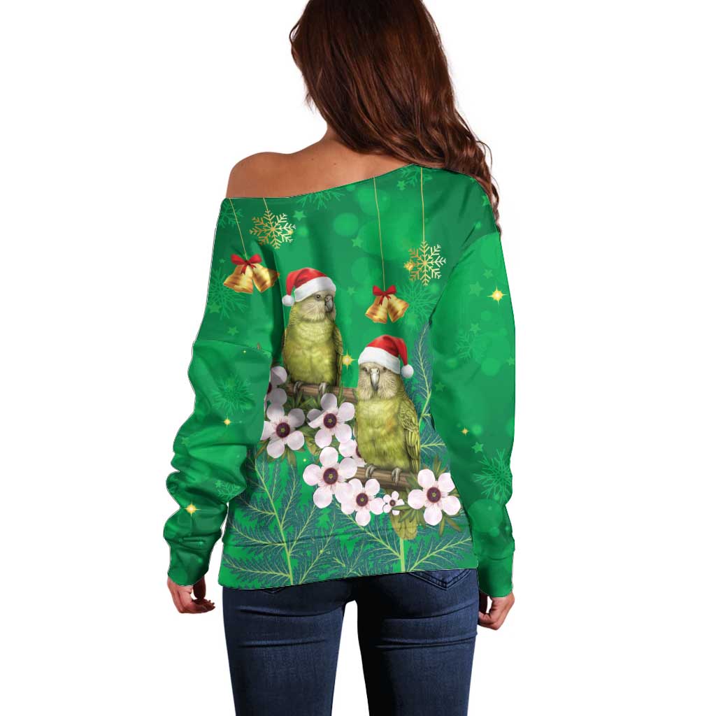 New Zealand Kakapo Christmas Off Shoulder Sweater Owl Parrot Santa Sliver Fern Manuka - Green - Polynesian Pride