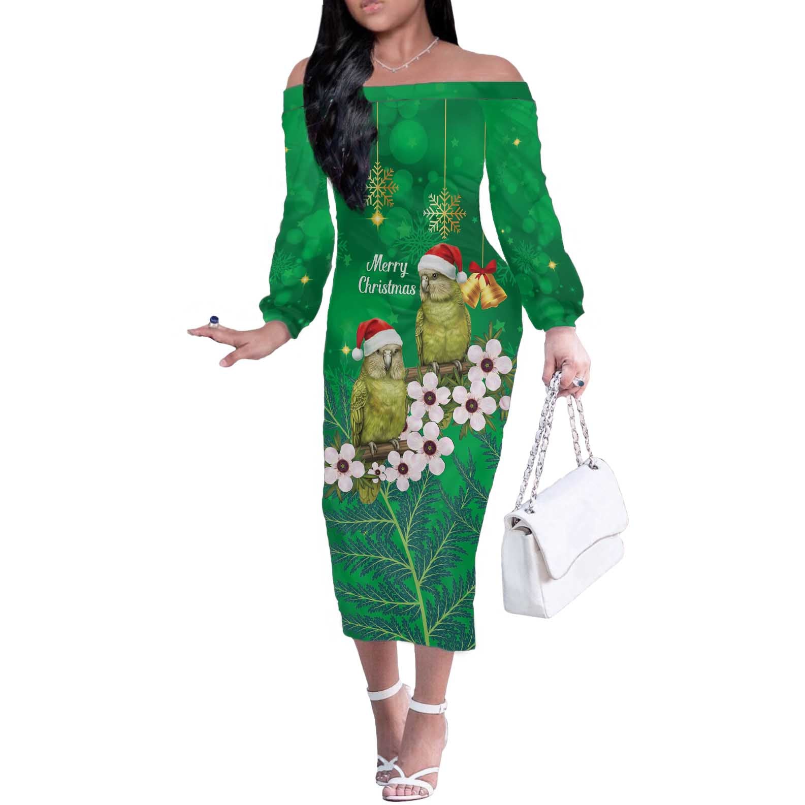 New Zealand Kakapo Christmas Off The Shoulder Long Sleeve Dress Owl Parrot Santa Sliver Fern Manuka - Green - Polynesian Pride