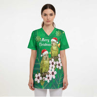 New Zealand Kakapo Christmas Scrub Top Owl Parrot Santa Sliver Fern Manuka - Green - Polynesian Pride