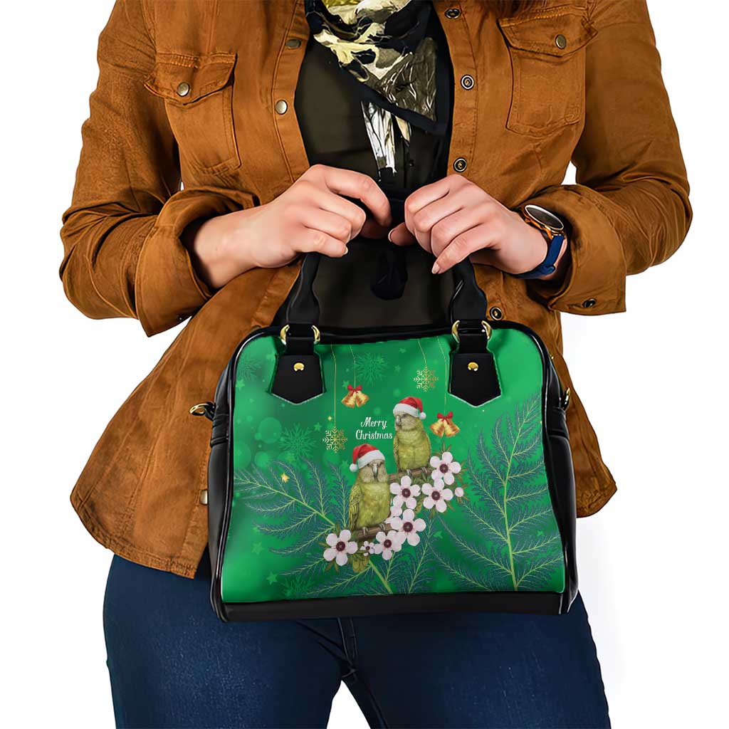 New Zealand Kakapo Christmas Shoulder Handbag Owl Parrot Santa Sliver Fern Manuka - Green - Polynesian Pride