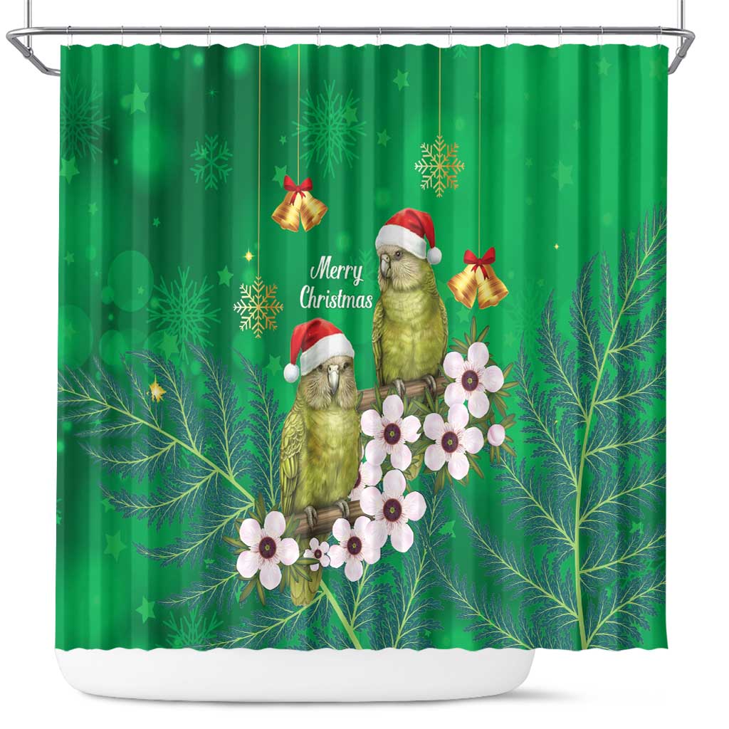 New Zealand Kakapo Christmas Shower Curtain Owl Parrot Santa Sliver Fern Manuka - Green - Polynesian Pride