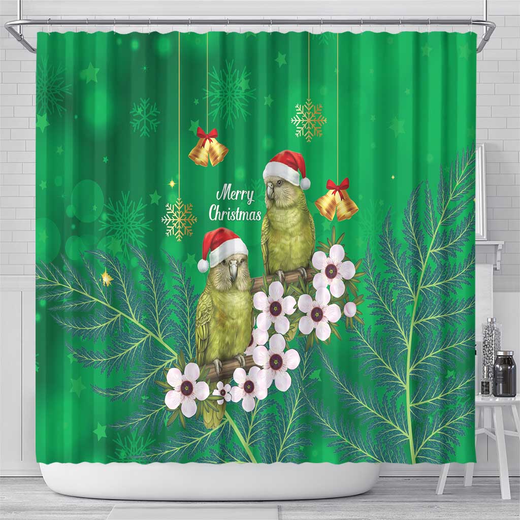 New Zealand Kakapo Christmas Shower Curtain Owl Parrot Santa Sliver Fern Manuka - Green - Polynesian Pride