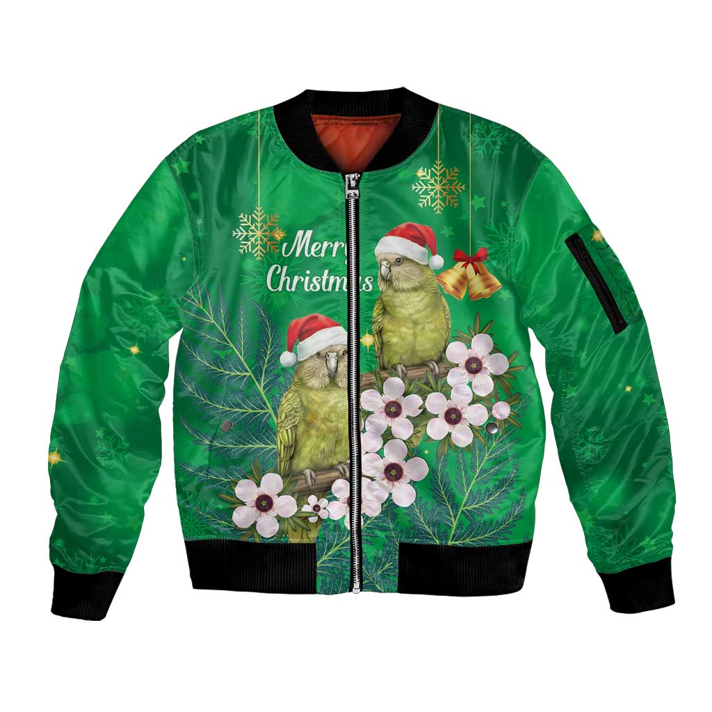 New Zealand Kakapo Christmas Sleeve Zip Bomber Jacket Owl Parrot Santa Sliver Fern Manuka - Green - Polynesian Pride