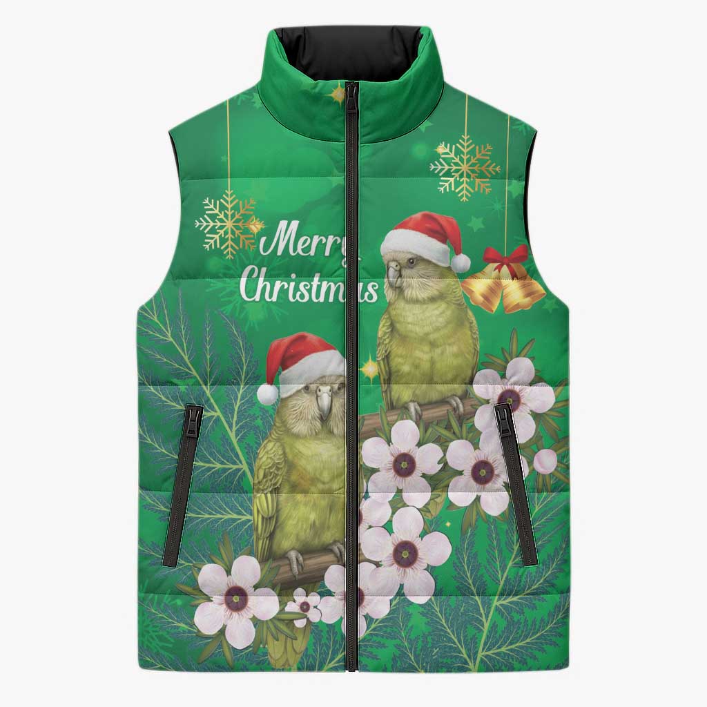 New Zealand Kakapo Christmas Sleeveless Puffer Jacket Owl Parrot Santa Sliver Fern Manuka - Green - Polynesian Pride