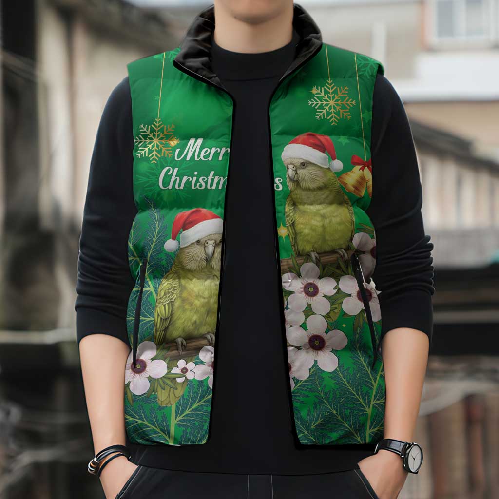 New Zealand Kakapo Christmas Sleeveless Puffer Jacket Owl Parrot Santa Sliver Fern Manuka - Green - Polynesian Pride