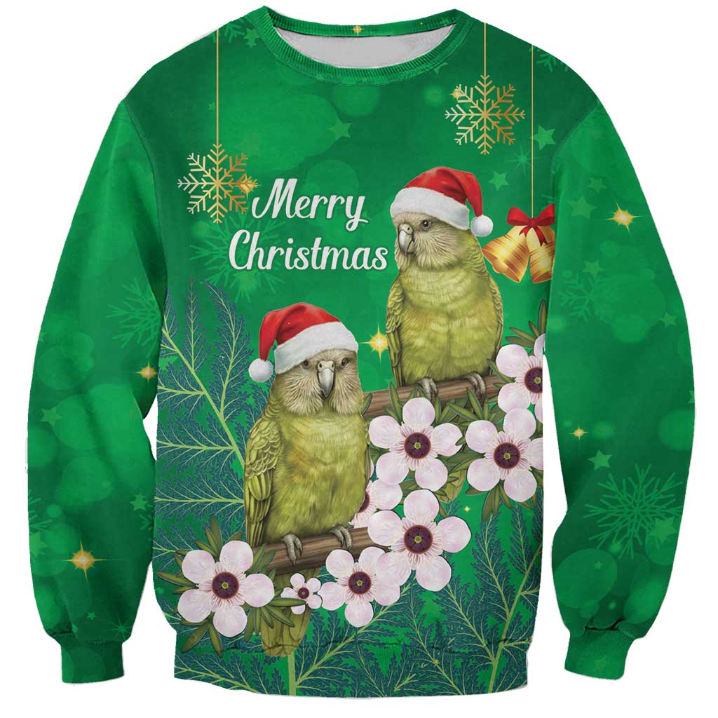 New Zealand Kakapo Christmas Sweatshirt Owl Parrot Santa Sliver Fern Manuka - Green - Polynesian Pride