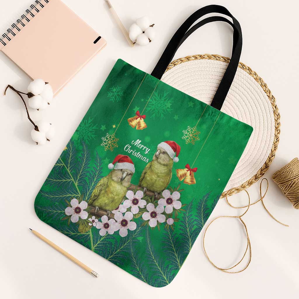 New Zealand Kakapo Christmas Tote Bag Owl Parrot Santa Sliver Fern Manuka - Green - Polynesian Pride