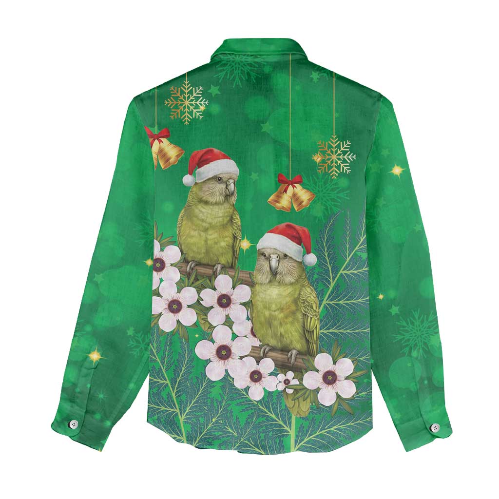 New Zealand Kakapo Christmas Women Casual Shirt Owl Parrot Santa Sliver Fern Manuka - Green - Polynesian Pride