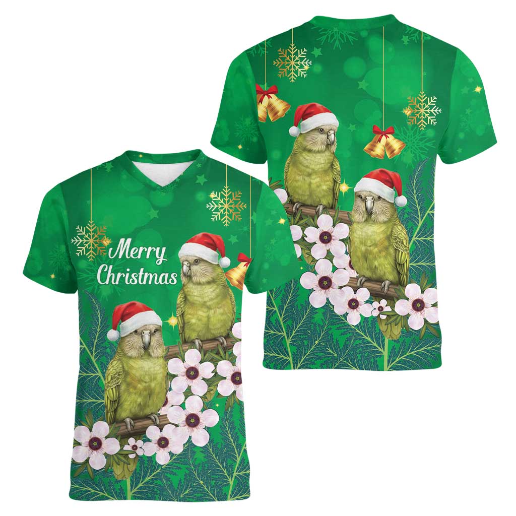 New Zealand Kakapo Christmas Women V-Neck T-Shirt Owl Parrot Santa Sliver Fern Manuka - Green - Polynesian Pride