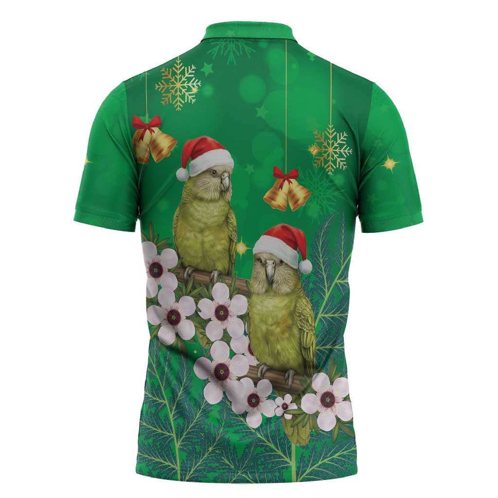 New Zealand Kakapo Christmas Zipper Polo Shirt Owl Parrot Santa Sliver Fern Manuka - Green - Polynesian Pride