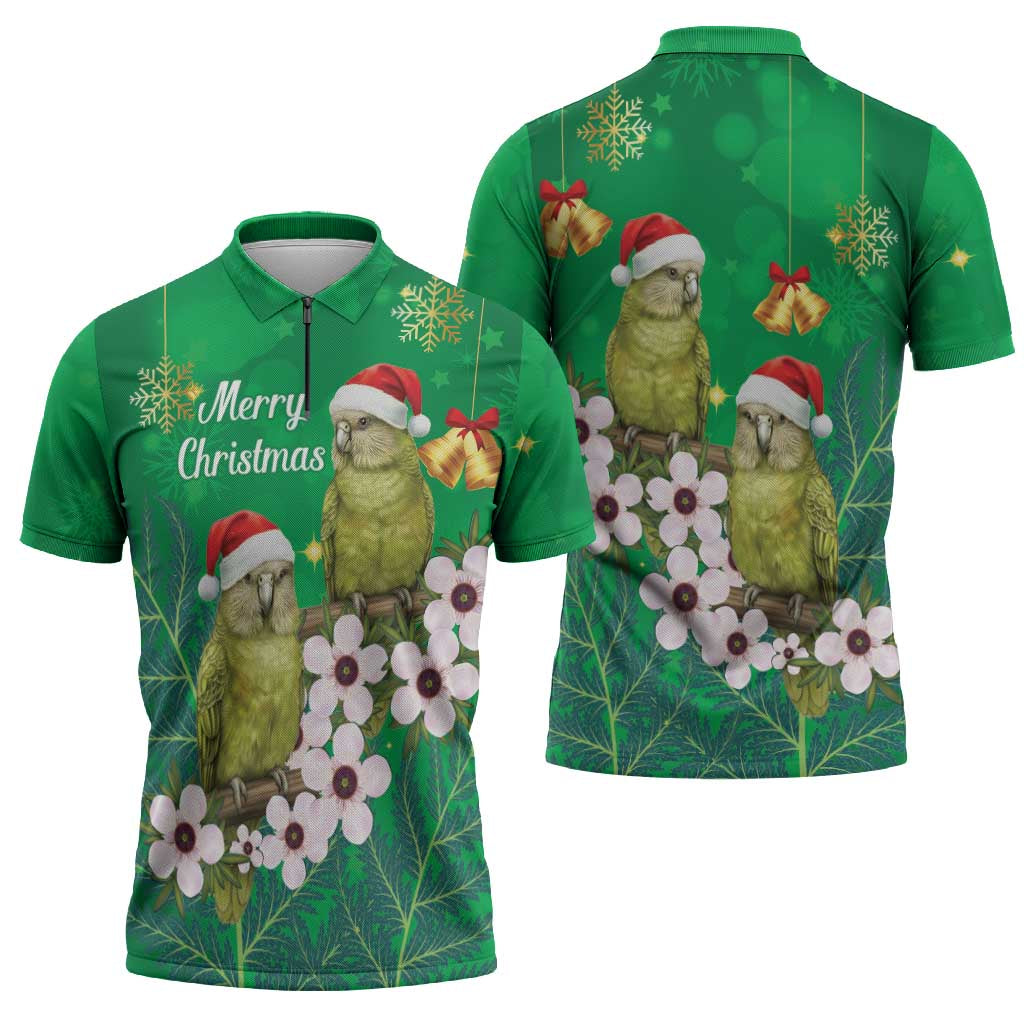 New Zealand Kakapo Christmas Zipper Polo Shirt Owl Parrot Santa Sliver Fern Manuka - Green - Polynesian Pride