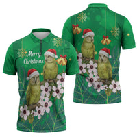 New Zealand Kakapo Christmas Zipper Polo Shirt Owl Parrot Santa Sliver Fern Manuka - Green - Polynesian Pride