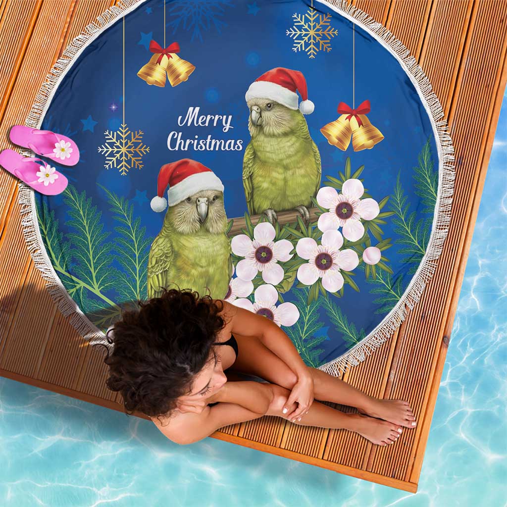 New Zealand Kakapo Christmas Beach Blanket Owl Parrot Santa Sliver Fern Manuka - Blue - Polynesian Pride
