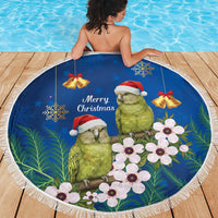 New Zealand Kakapo Christmas Beach Blanket Owl Parrot Santa Sliver Fern Manuka - Blue - Polynesian Pride