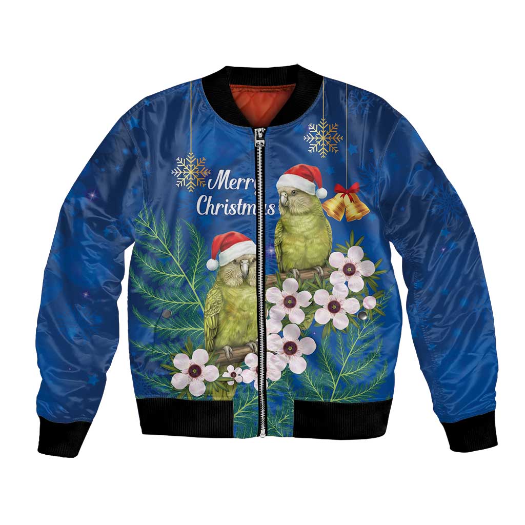 New Zealand Kakapo Christmas Bomber Jacket Owl Parrot Santa Sliver Fern Manuka - Blue - Polynesian Pride