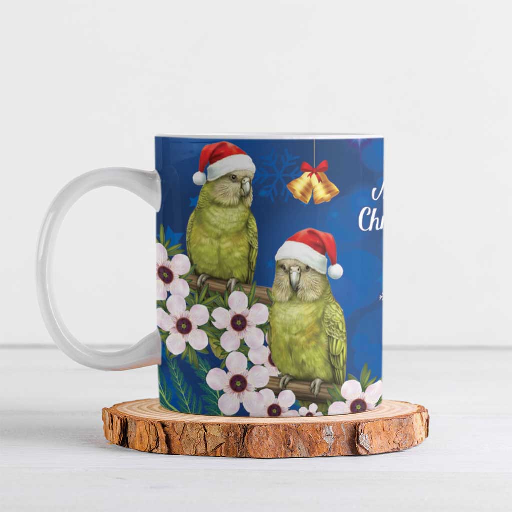 New Zealand Kakapo Christmas Ceramic Mug Owl Parrot Santa Sliver Fern Manuka - Blue - Polynesian Pride