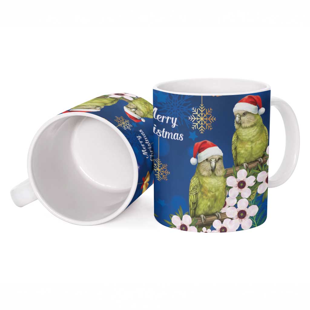 New Zealand Kakapo Christmas Ceramic Mug Owl Parrot Santa Sliver Fern Manuka - Blue - Polynesian Pride