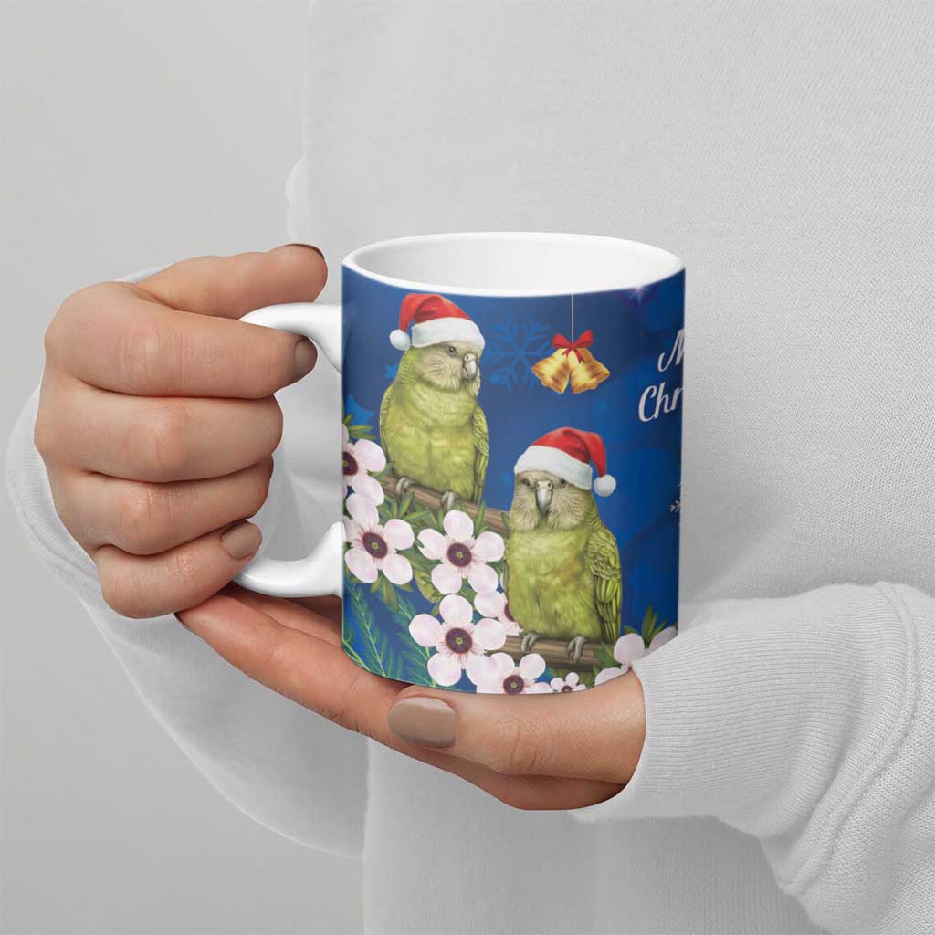 New Zealand Kakapo Christmas Ceramic Mug Owl Parrot Santa Sliver Fern Manuka - Blue - Polynesian Pride
