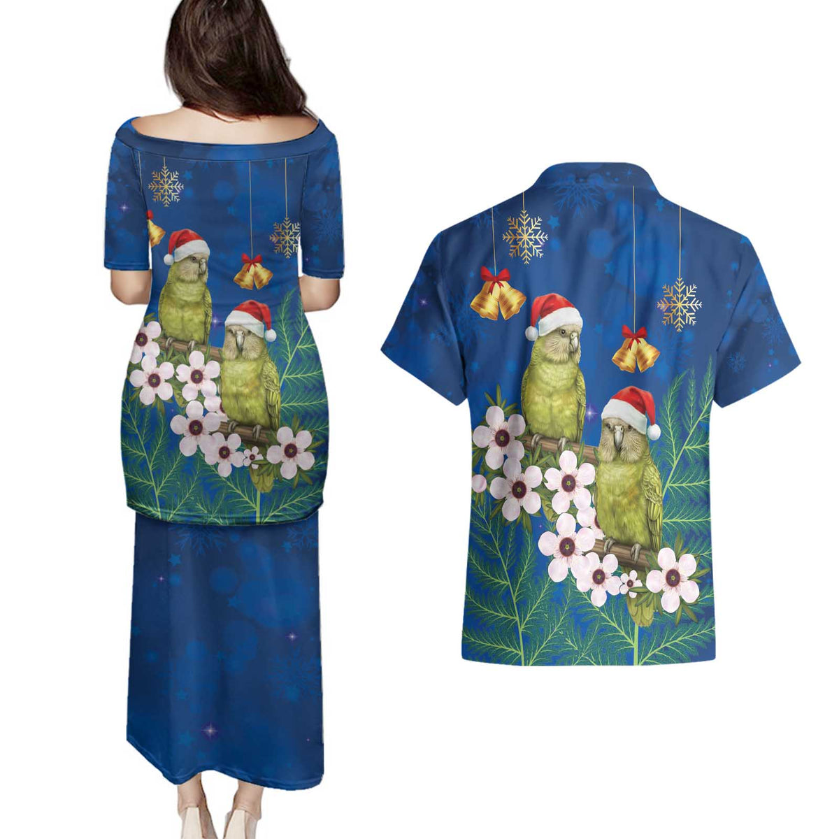 New Zealand Kakapo Christmas Couples Matching Puletasi and Hawaiian Shirt Owl Parrot Santa Sliver Fern Manuka - Blue - Polynesian Pride