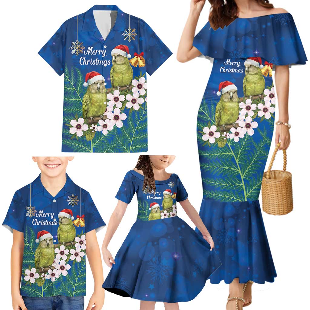 New Zealand Kakapo Christmas Family Matching Mermaid Dress and Hawaiian Shirt Owl Parrot Santa Sliver Fern Manuka - Blue - Polynesian Pride