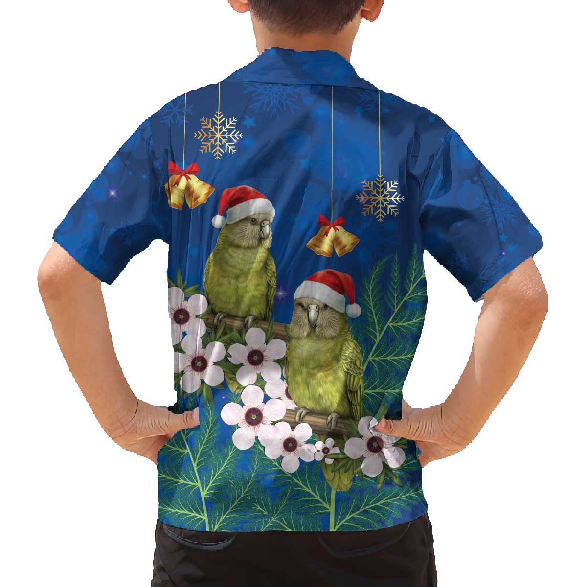 New Zealand Kakapo Christmas Family Matching Off The Shoulder Long Sleeve Dress and Hawaiian Shirt Owl Parrot Santa Sliver Fern Manuka - Blue - Polynesian Pride