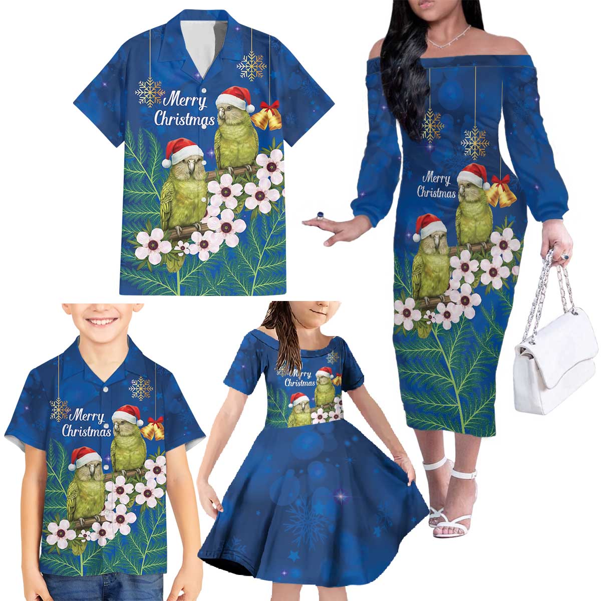 New Zealand Kakapo Christmas Family Matching Off The Shoulder Long Sleeve Dress and Hawaiian Shirt Owl Parrot Santa Sliver Fern Manuka - Blue - Polynesian Pride