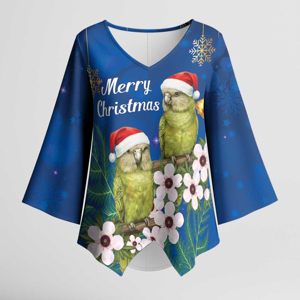 New Zealand Kakapo Christmas Kimono Sleeve Blouse Owl Parrot Santa Sliver Fern Manuka - Blue - Polynesian Pride