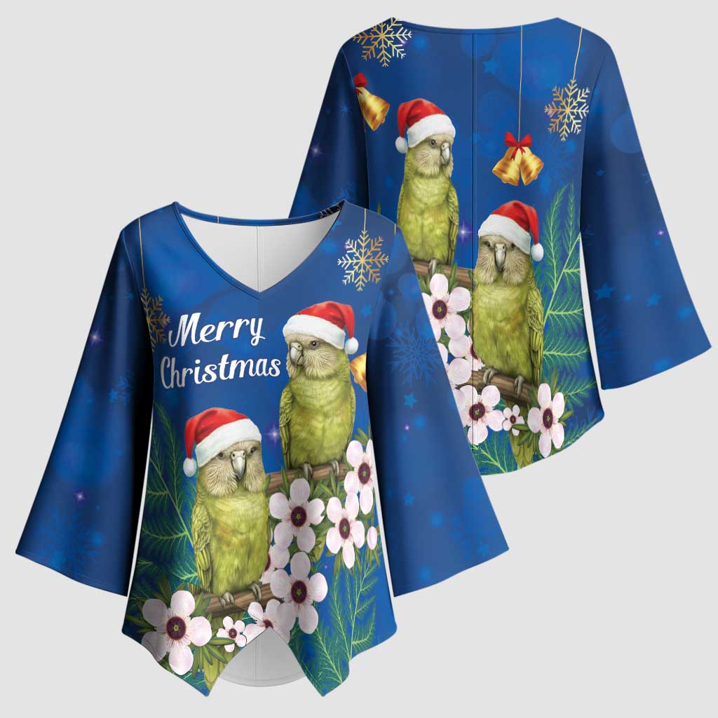 New Zealand Kakapo Christmas Kimono Sleeve Blouse Owl Parrot Santa Sliver Fern Manuka - Blue - Polynesian Pride