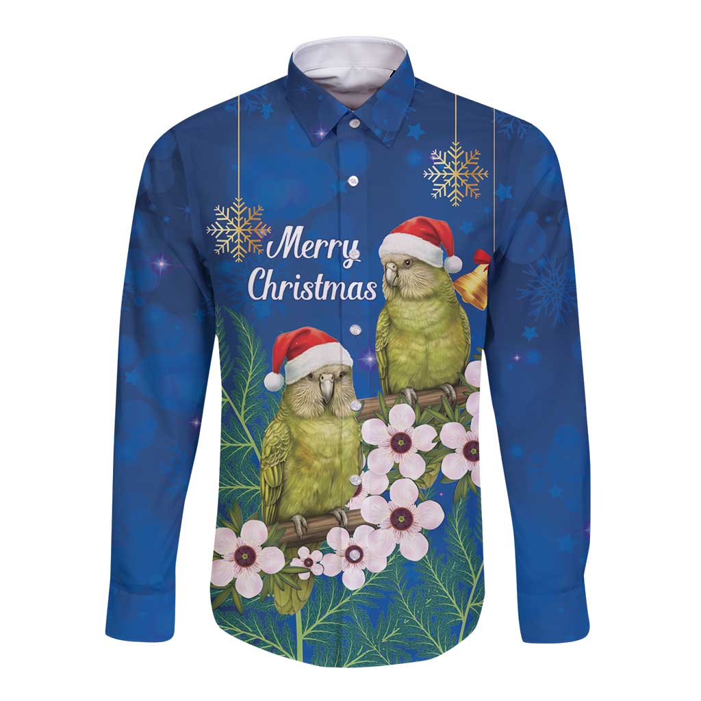 New Zealand Kakapo Christmas Long Sleeve Button Shirt Owl Parrot Santa Sliver Fern Manuka - Blue - Polynesian Pride