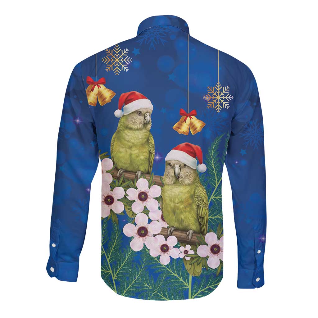 New Zealand Kakapo Christmas Long Sleeve Button Shirt Owl Parrot Santa Sliver Fern Manuka - Blue - Polynesian Pride