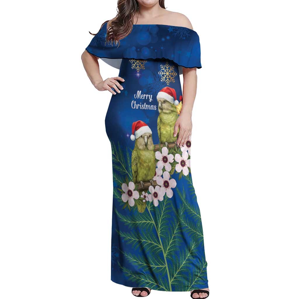 New Zealand Kakapo Christmas Off Shoulder Maxi Dress Owl Parrot Santa Sliver Fern Manuka - Blue - Polynesian Pride