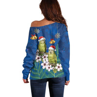 New Zealand Kakapo Christmas Off Shoulder Sweater Owl Parrot Santa Sliver Fern Manuka - Blue - Polynesian Pride