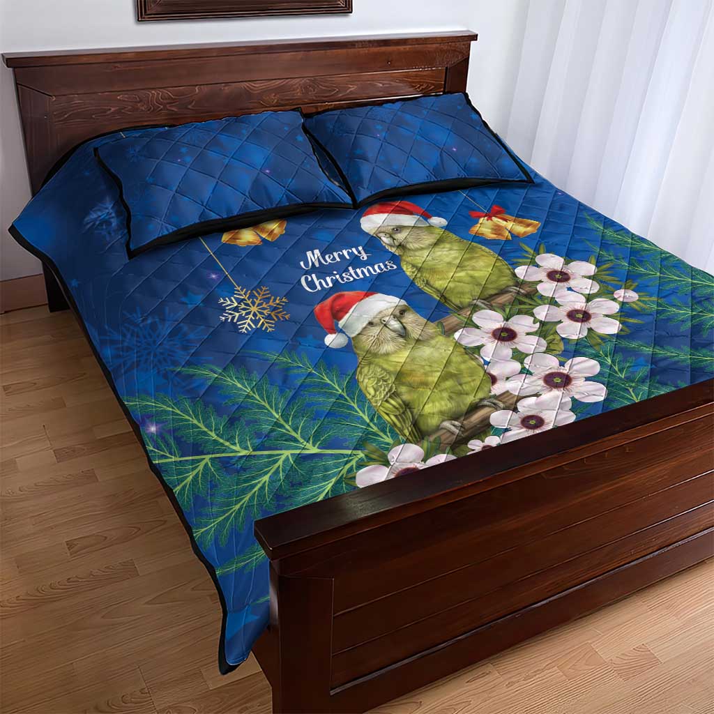 New Zealand Kakapo Christmas Quilt Bed Set Owl Parrot Santa Sliver Fern Manuka - Blue - Polynesian Pride