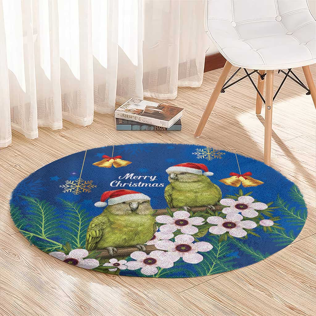 New Zealand Kakapo Christmas Round Carpet Owl Parrot Santa Sliver Fern Manuka - Blue - Polynesian Pride