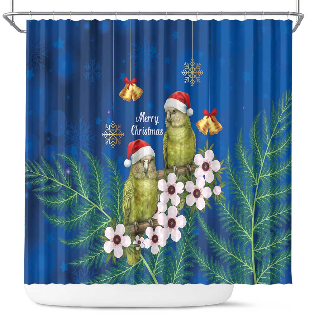 New Zealand Kakapo Christmas Shower Curtain Owl Parrot Santa Sliver Fern Manuka - Blue - Polynesian Pride