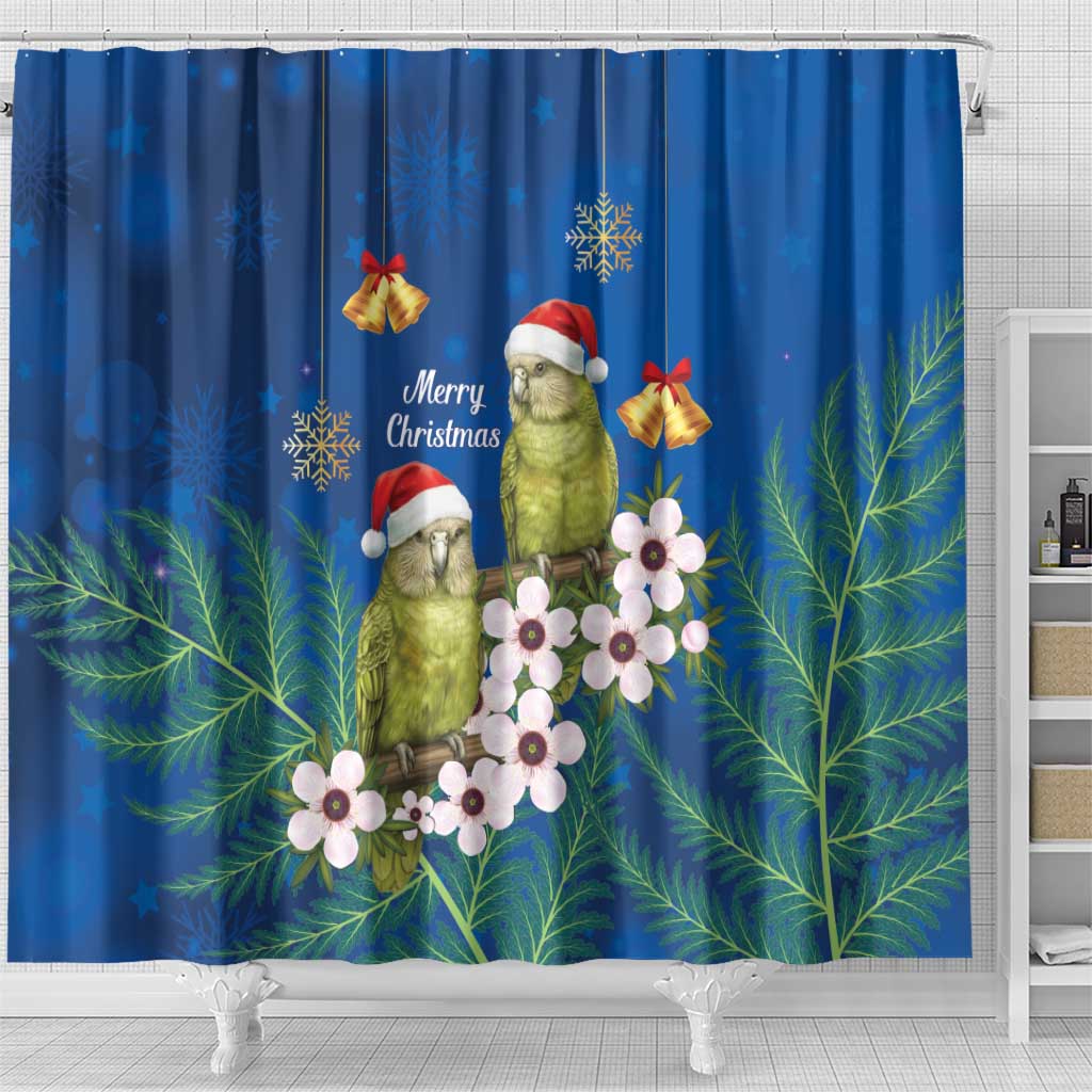 New Zealand Kakapo Christmas Shower Curtain Owl Parrot Santa Sliver Fern Manuka - Blue - Polynesian Pride