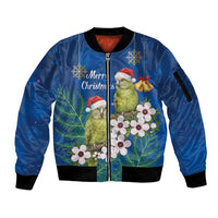 New Zealand Kakapo Christmas Sleeve Zip Bomber Jacket Owl Parrot Santa Sliver Fern Manuka - Blue - Polynesian Pride