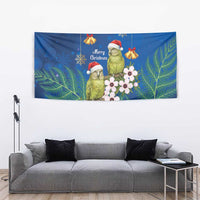New Zealand Kakapo Christmas Tapestry Owl Parrot Santa Sliver Fern Manuka - Blue - Polynesian Pride
